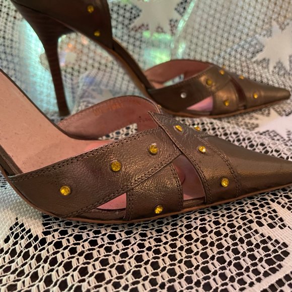 Gold/bronze leather stiletto heels - Picture 4 of 14